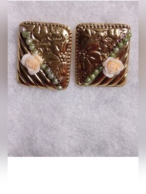 1928 Goldtone Earrings Sage Green Pearl Embellishments